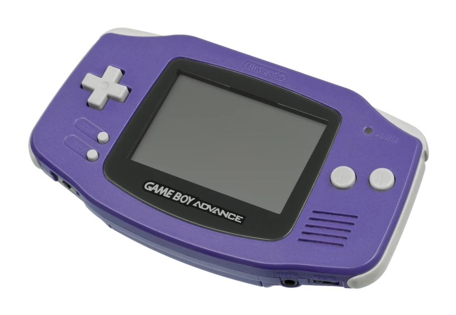 Indigo landscape Game Boy Advance with a reflective color screen.